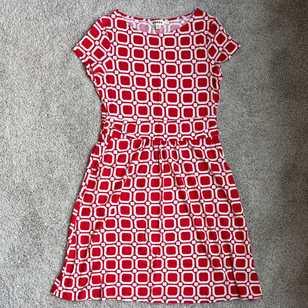 Boden Red and White Geometric Amelie Jersey Dress